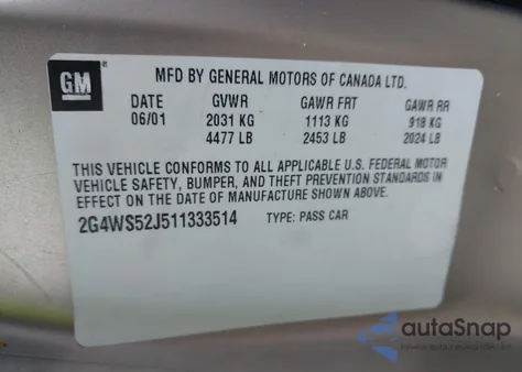 2001 Buick Century Custom из США, поврежденный, VIN 2G4WS52J511333514